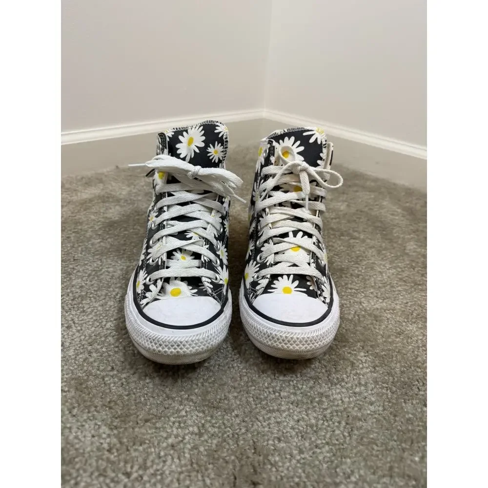 Converse High Top Sneakers Black with White and Yellow Daisy Print - Picture 6 of 9